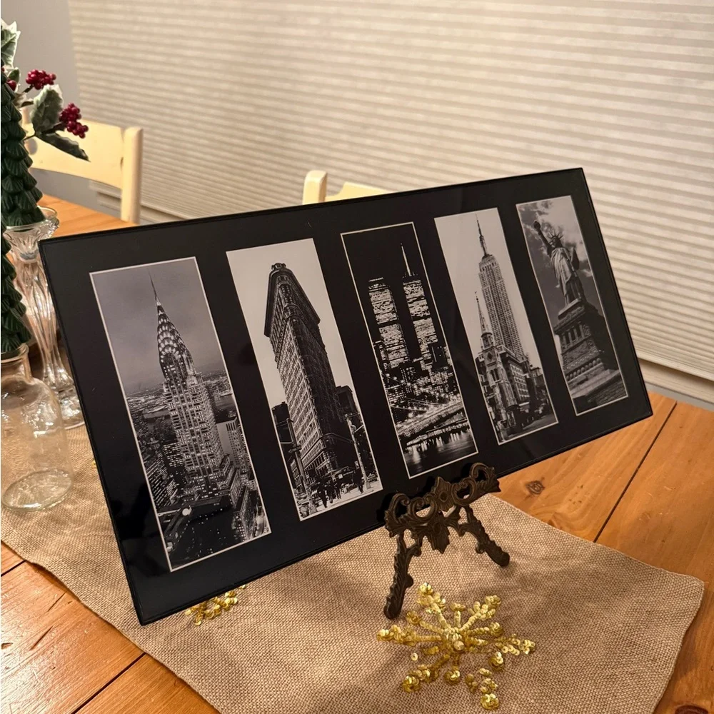 NYC Skyline Wall Frame Black & White-Twin Towers, Empire State Statue of Liberty